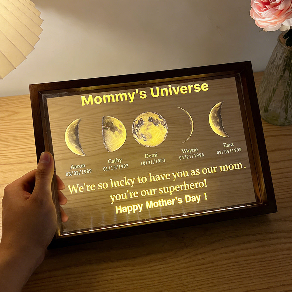 Custom Mommy's Universe Moon Phase Night Light with Kids Names Personalized Framed Gifts for Mom Grandma Unique Mother's Day Gift