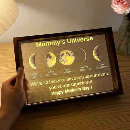 Custom Mommy's Universe Moon Phase Night Light with Kids Names Personalized Framed Gifts for Mom Grandma Unique Mother's Day Gift