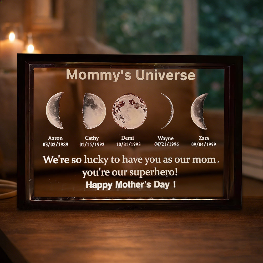 Custom Mommy's Universe Moon Phase Night Light with Kids Names Personalized Framed Gifts for Mom Grandma Unique Mother's Day Gift