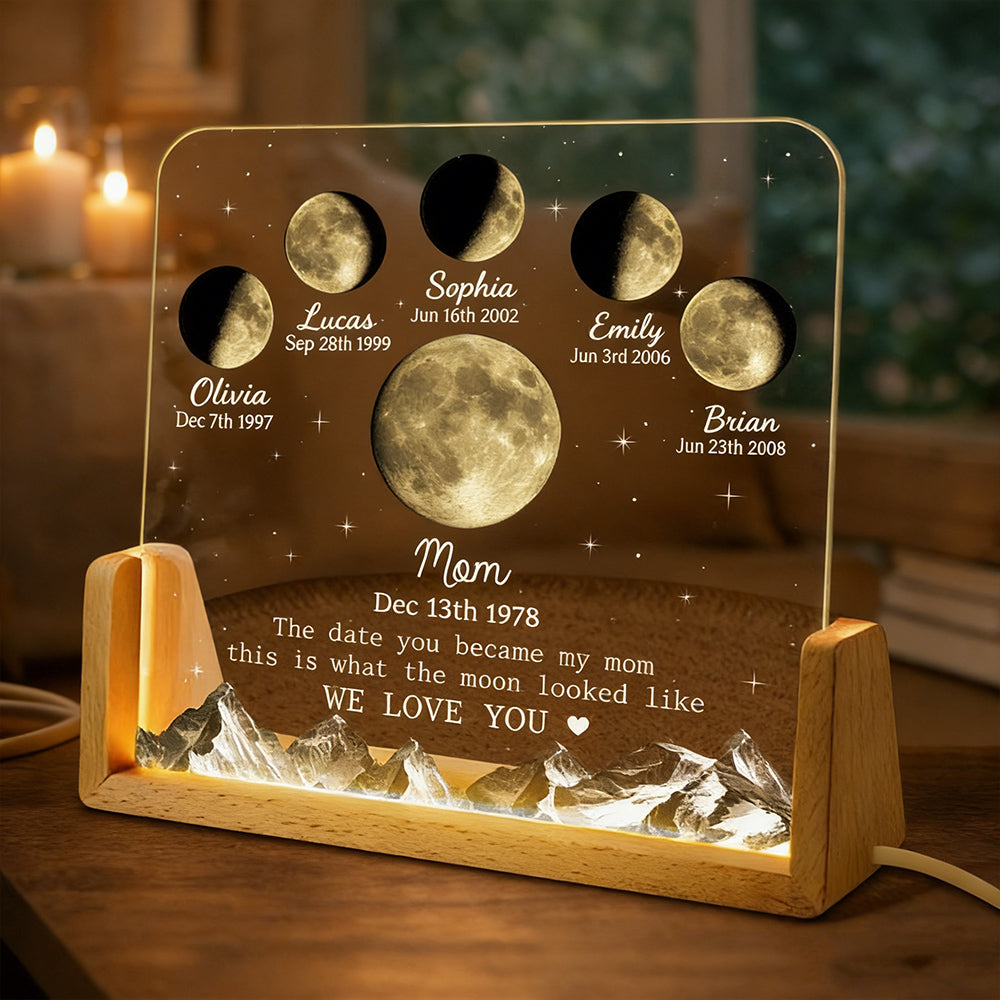 Custom The Date You Became My Mom Personalized Moon Phase Night Light With Kids Names Keepsake Gifts for Mom Unique Mother's Day Gift