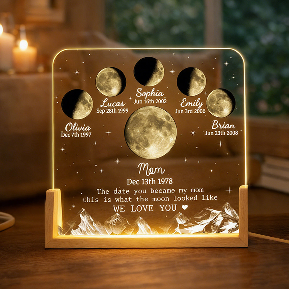 Custom The Date You Became My Mom Personalized Moon Phase Night Light With Kids Names Keepsake Gifts for Mom Unique Mother's Day Gift