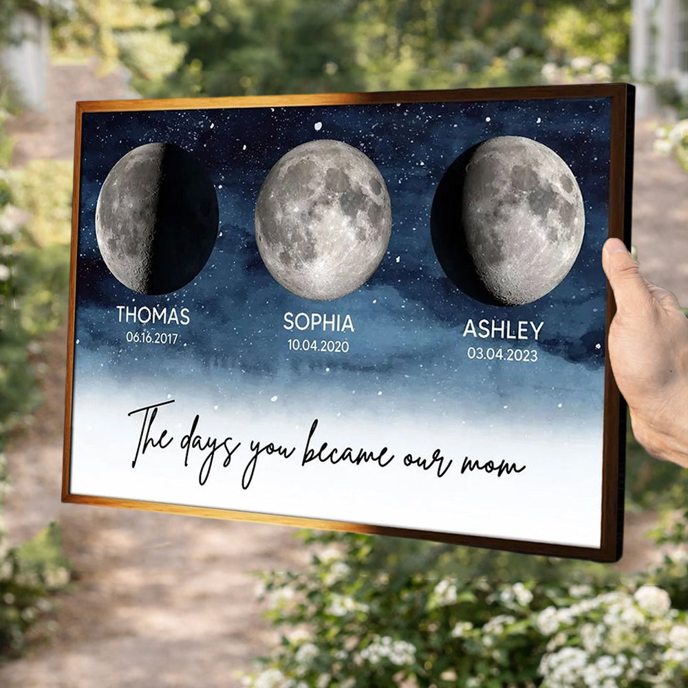 Personalized The Days You Became Our Mom Custom Moon Phase Frame By Date with Kids Names Birthday Keepsake Gift For Mom Grandma Unique Mother's Day Gift