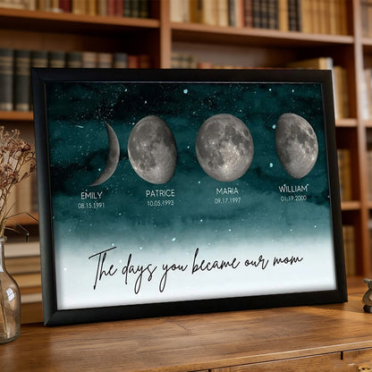 Personalized The Days You Became Our Mom Custom Moon Phase Frame By Date with Kids Names Birthday Keepsake Gift For Mom Grandma Unique Mother's Day Gift