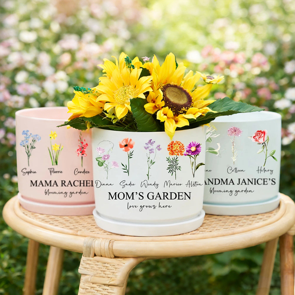 Personalized Mom’s Garden Birth Flower Pot – Custom Kids’ Names, Perfect Mother’s Day or New Mom Gift