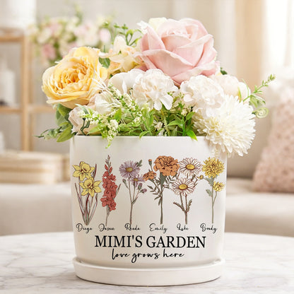 Personalized Mom’s Garden Art Print – Birth Flower Plant Pot with Kids’ Names, Perfect Gift for Mom or Grandma