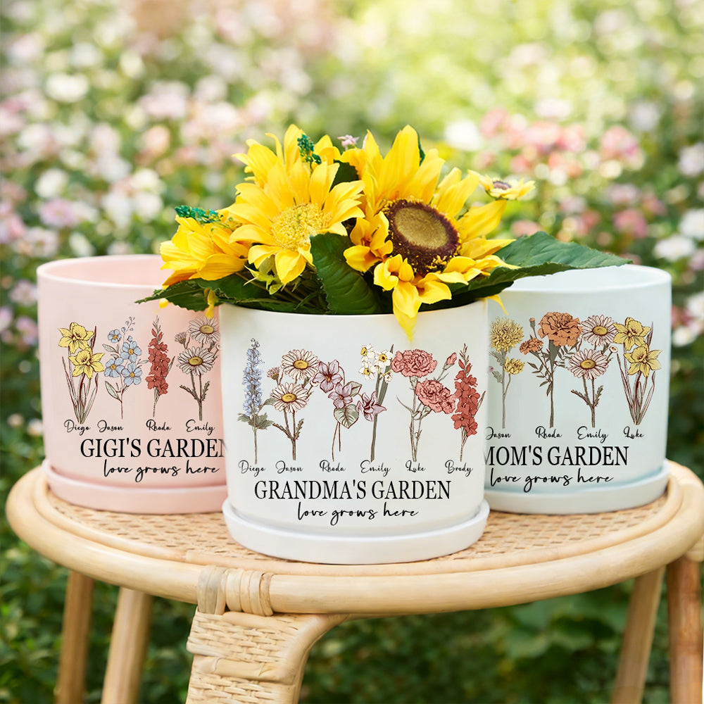 Personalized Mom’s Garden Art Print – Birth Flower Plant Pot with Kids’ Names, Perfect Gift for Mom or Grandma