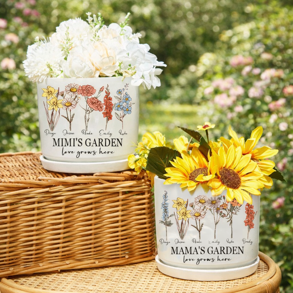 Personalized Mom’s Garden Art Print – Birth Flower Plant Pot with Kids’ Names, Perfect Gift for Mom or Grandma
