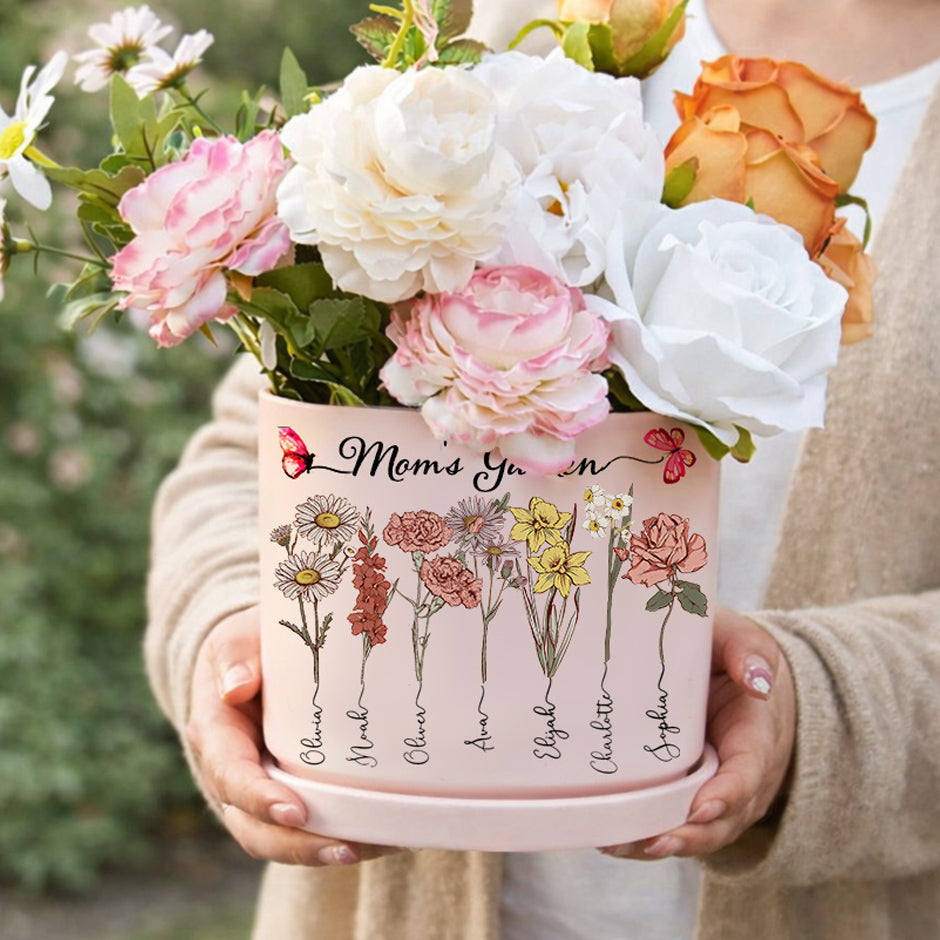 Personalized Mom’s Garden Birth Flower Pot – Custom Names, Heartfelt Gift for Mom or Grandma