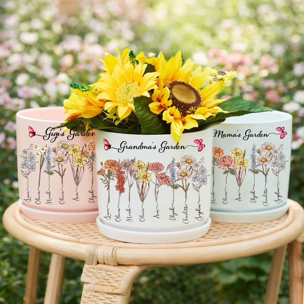 Personalized Mom’s Garden Birth Flower Pot – Custom Names, Heartfelt Gift for Mom or Grandma
