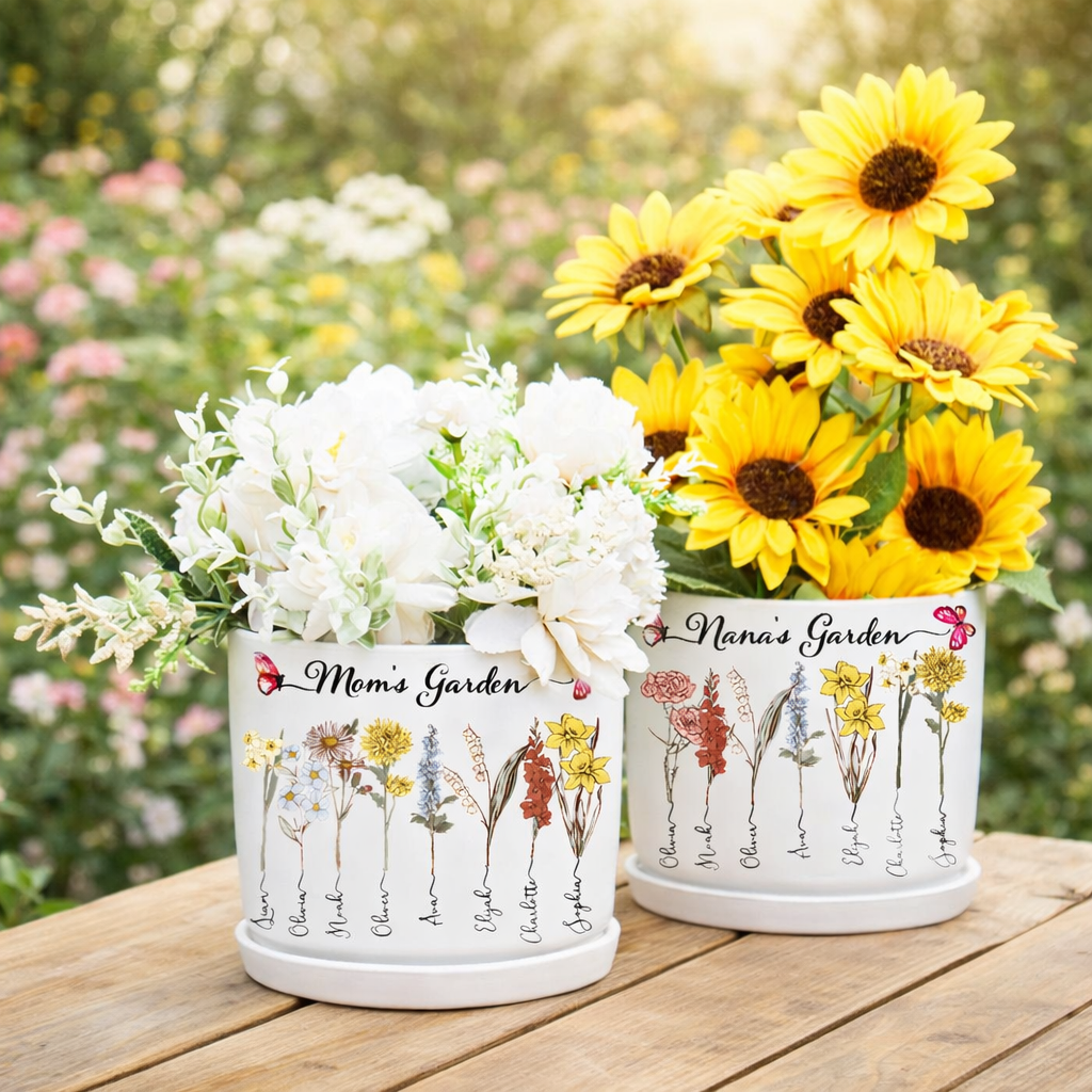 Personalized Mom’s Garden Birth Flower Pot – Custom Names, Heartfelt Gift for Mom or Grandma