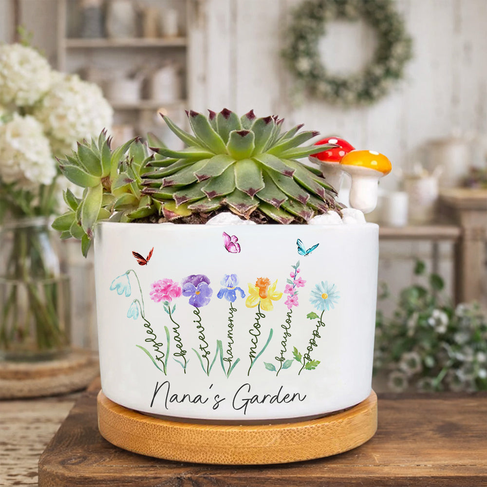 Personalized Birth Flower Succulent Pot – Custom Names, Perfect Gift for Mom