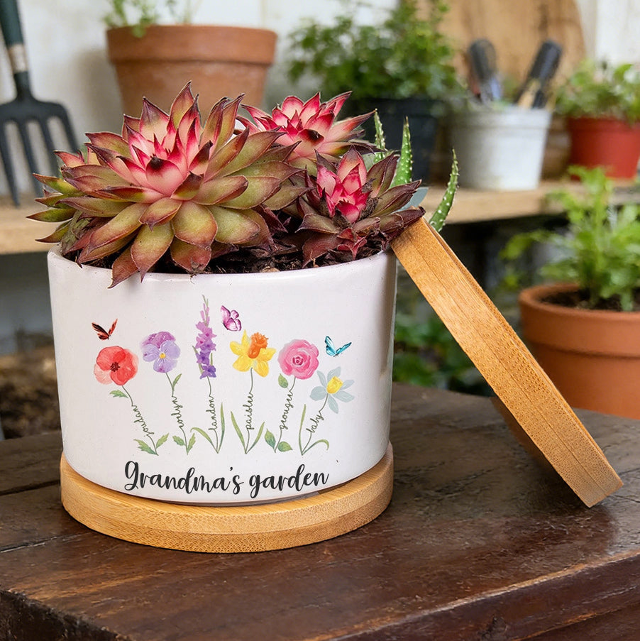 Personalized Birth Flower Succulent Pot – Custom Names, Perfect Gift for Mom