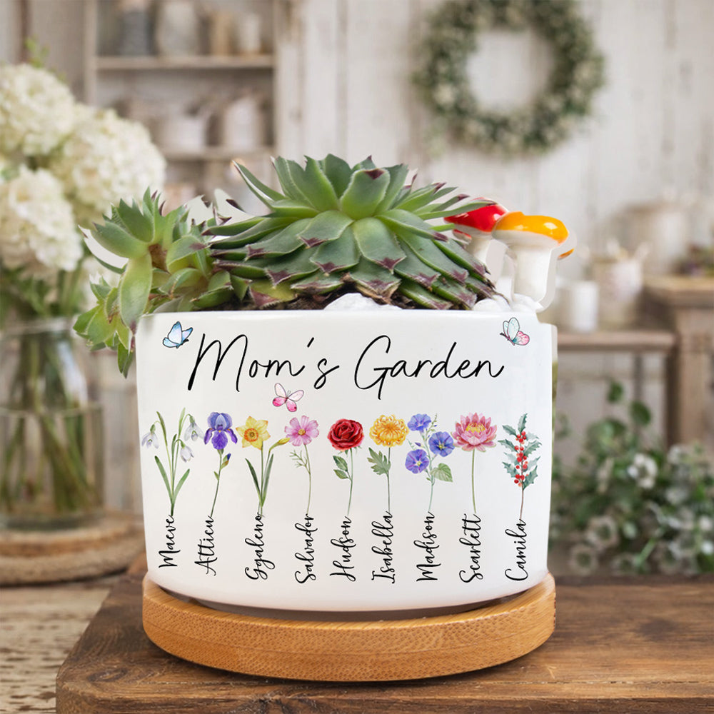 Custom Mom’s Garden Plant Pot – Birth Flower Design with Names, Thoughtful Gift for Mom