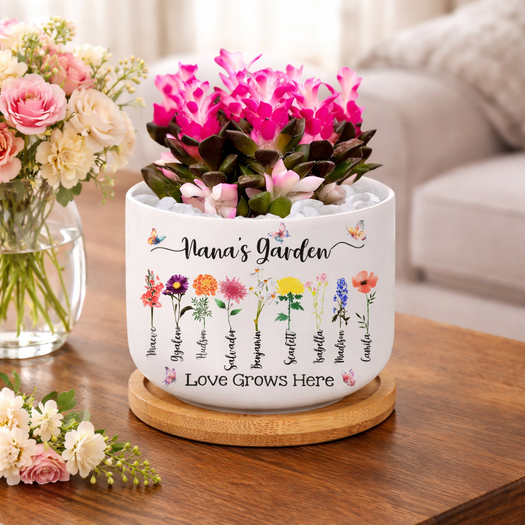 Personalized Nana’s Garden Birth Flower Pot – Custom Kids’ Names, Perfect Gift for Nana