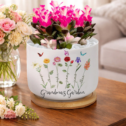 Personalized Grandma's Garden Birth Flower Planter – Custom Engraved Names for a Unique Keepsake Mother's Day Gift
