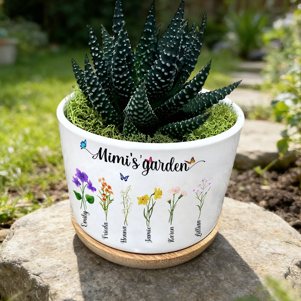 Personalized Mimi’s Garden Birth Flower Plant Pot – Custom Family Names, Perfect Mother’s Day Gift