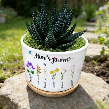 Personalized Mimi’s Garden Birth Flower Plant Pot – Custom Family Names, Perfect Mother’s Day Gift