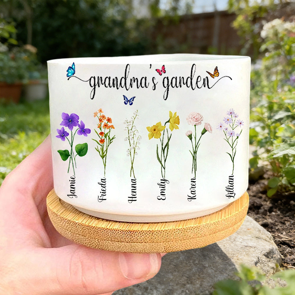 Personalized Mimi’s Garden Birth Flower Plant Pot – Custom Family Names, Perfect Mother’s Day Gift