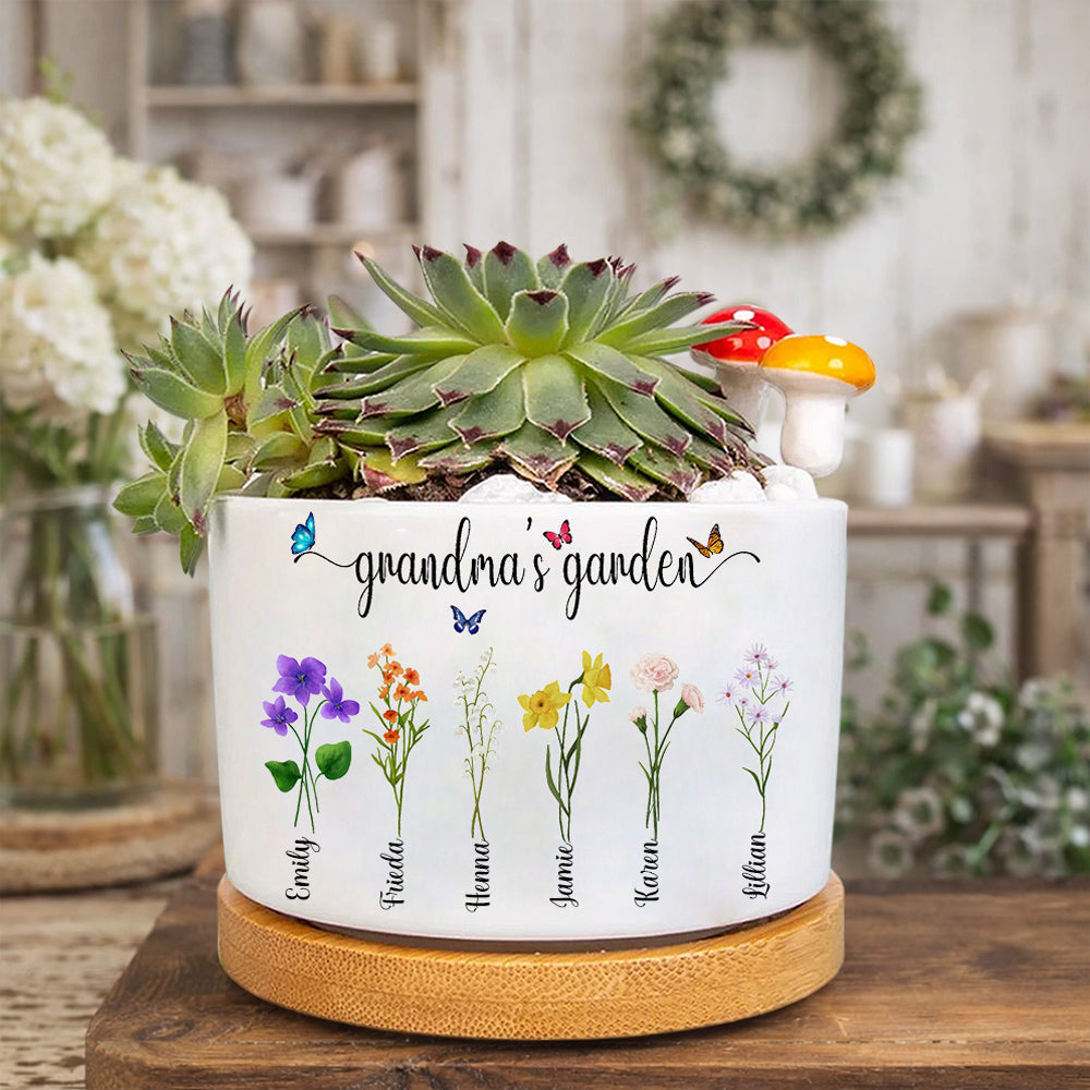 Personalized Mimi’s Garden Birth Flower Plant Pot – Custom Family Names, Perfect Mother’s Day Gift