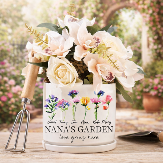 Custom Nana’s Garden Birth Flower Plant Pot With Grandkids Name Birthday Gift For Mom Grandma – Thoughtful Mother’s Day Gift