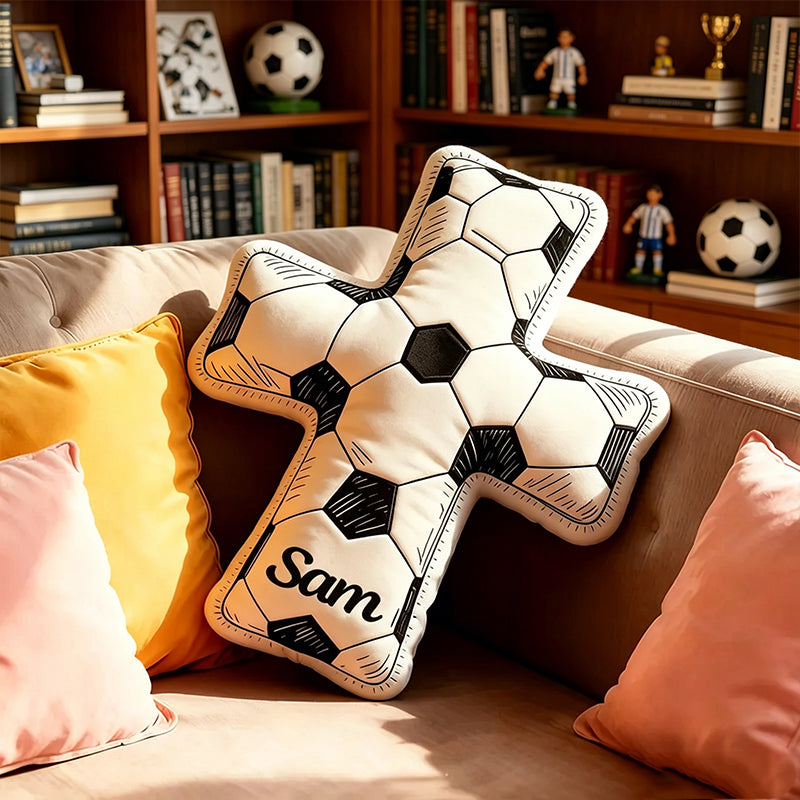 Personalized Doodle Cross Soccer Pillow – Custom Name Christian Sports Gift