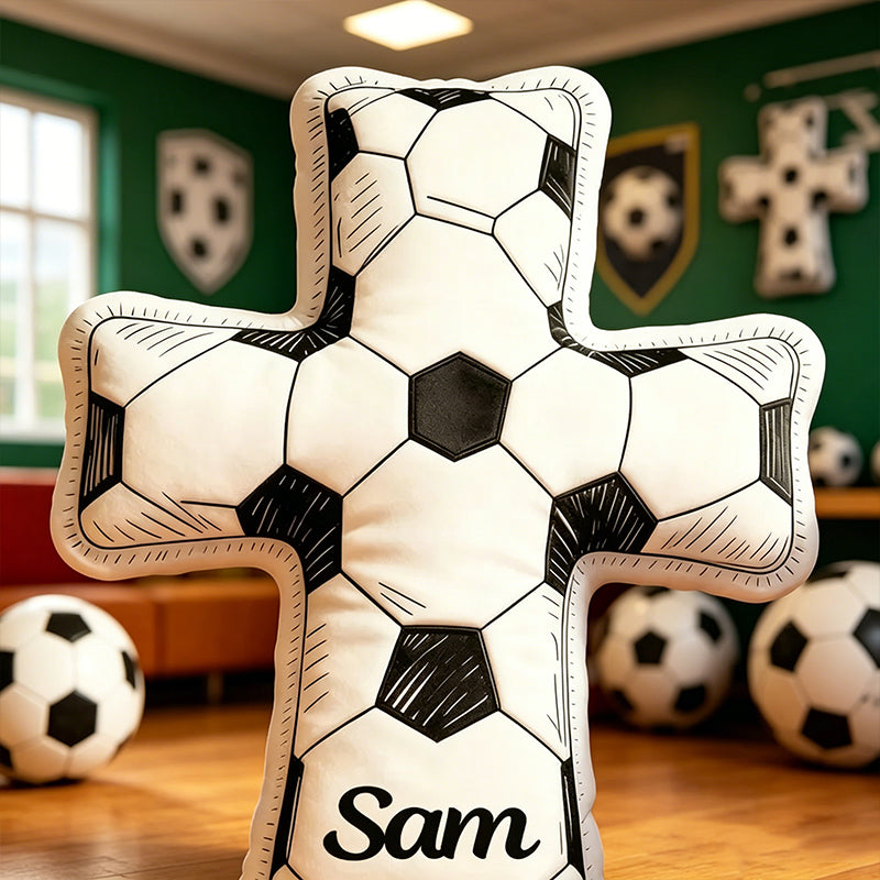 Personalized Doodle Cross Soccer Pillow – Custom Name Christian Sports Gift