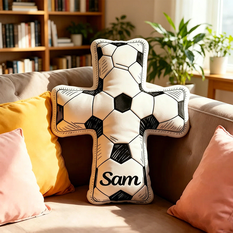 Personalized Doodle Cross Soccer Pillow – Custom Name Christian Sports Gift
