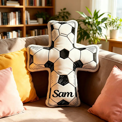 Personalized Doodle Cross Soccer Pillow – Custom Name Christian Sports Gift