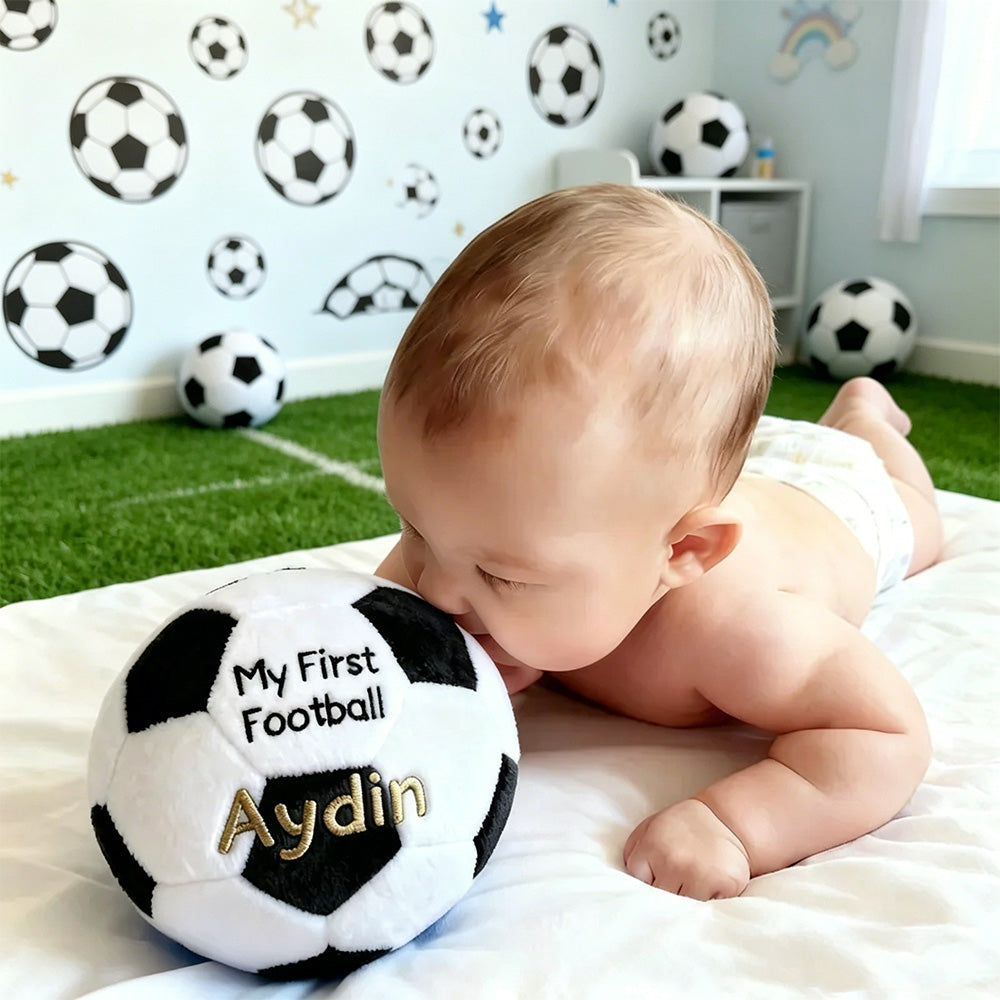 Personalized Baby Soccer Ball Plush with Custom Name – Soft Fleece Rattle Toy, Baby Shower Gift for Boys and Girls