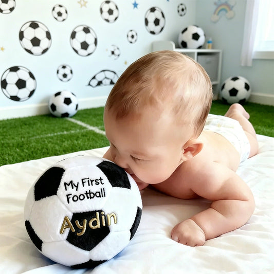 Personalized Baby Soccer Ball Plush with Custom Name – Soft Fleece Rattle Toy, Baby Shower Gift for Boys and Girls