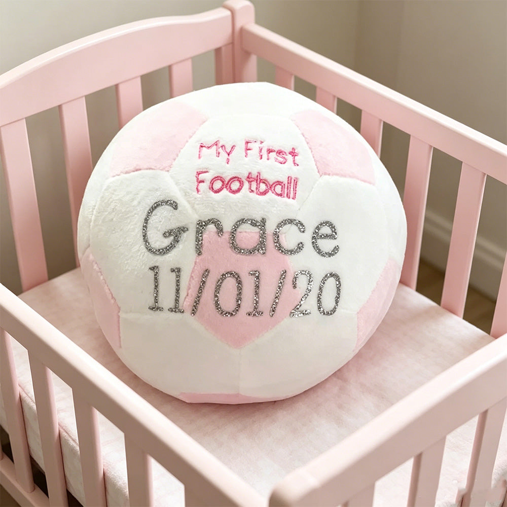 Personalized Baby Soccer Ball Plush with Custom Name – Soft Fleece Rattle Toy, Baby Shower Gift for Boys and Girls