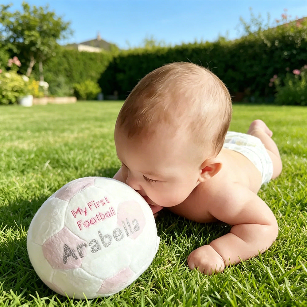 Personalized Baby Soccer Ball Plush with Custom Name – Soft Fleece Rattle Toy, Baby Shower Gift for Boys and Girls