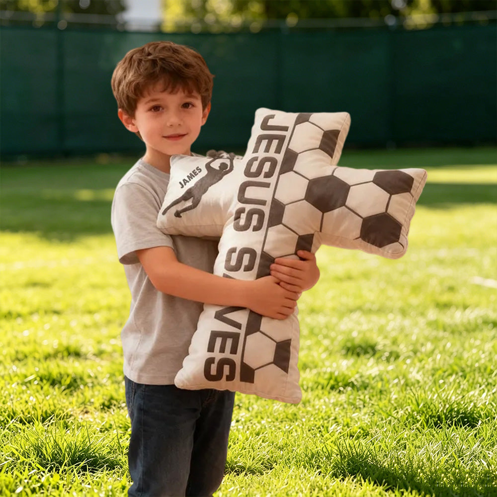 Personalized Jesus Saves Soccer Cross Pillow with Custom Name – Graphic 3D Print Christian Pillow, Religious Gift for Soccer Lovers