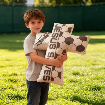 Personalized Jesus Saves Soccer Cross Pillow with Custom Name – Graphic 3D Print Christian Pillow, Religious Gift for Soccer Lovers