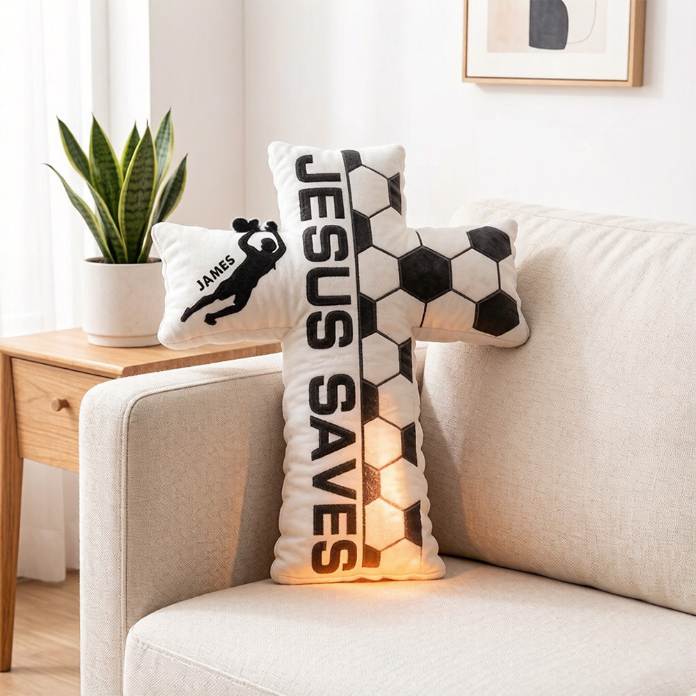 Personalized Jesus Saves Soccer Cross Pillow with Custom Name – Graphic 3D Print Christian Pillow, Religious Gift for Soccer Lovers