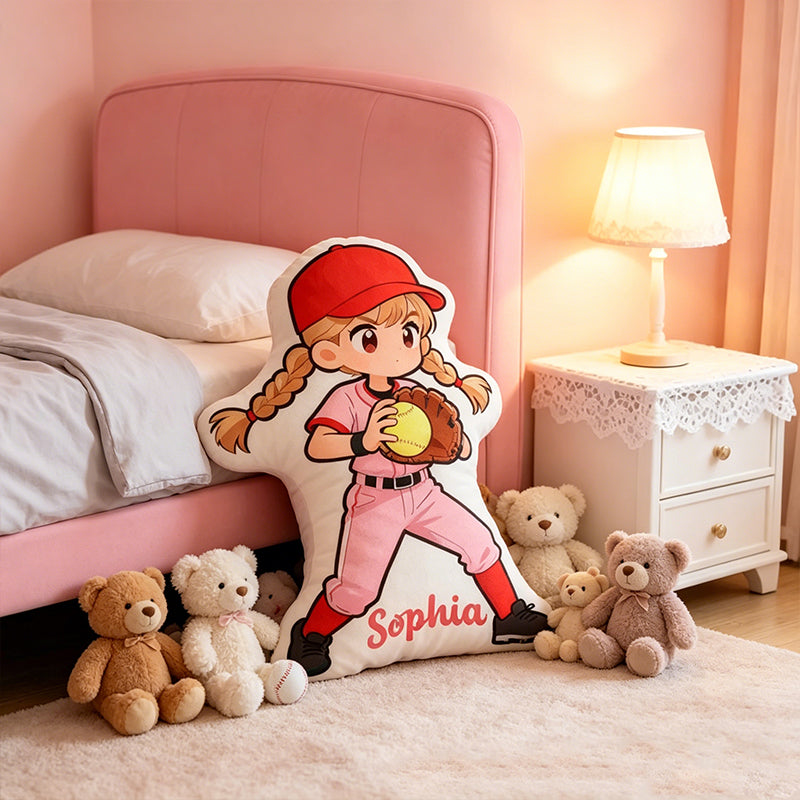 Personalized Softball Player Pillow with Custom Name – Cute Sports Cushion for Kids, Girls, and Boys