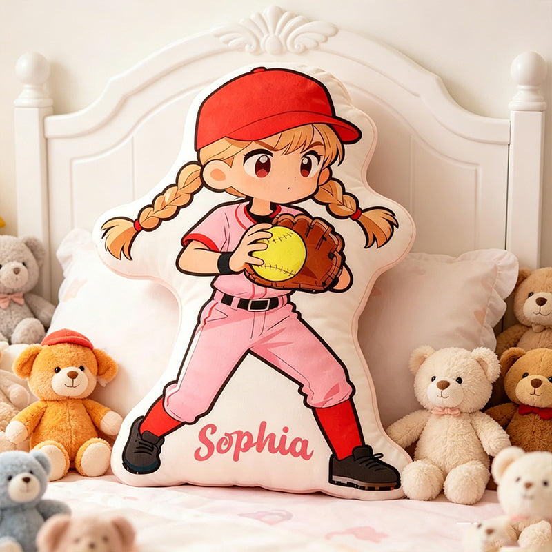 Personalized Softball Player Pillow with Custom Name – Cute Sports Cushion for Kids, Girls, and Boys