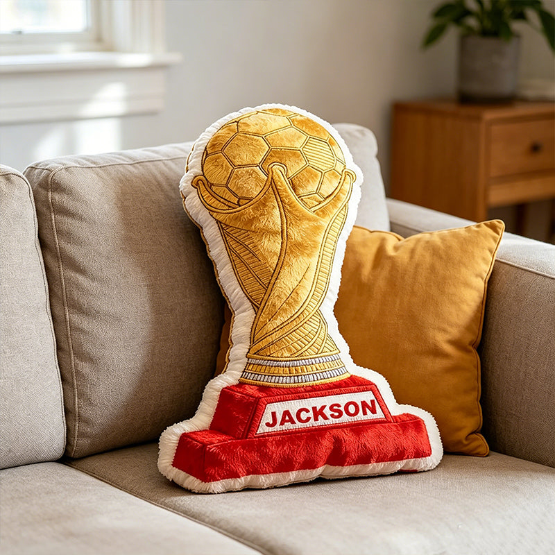 Custom Name Soccer Trophy Pillow – Personalized Champion Award Cushion for Soccer Fans
