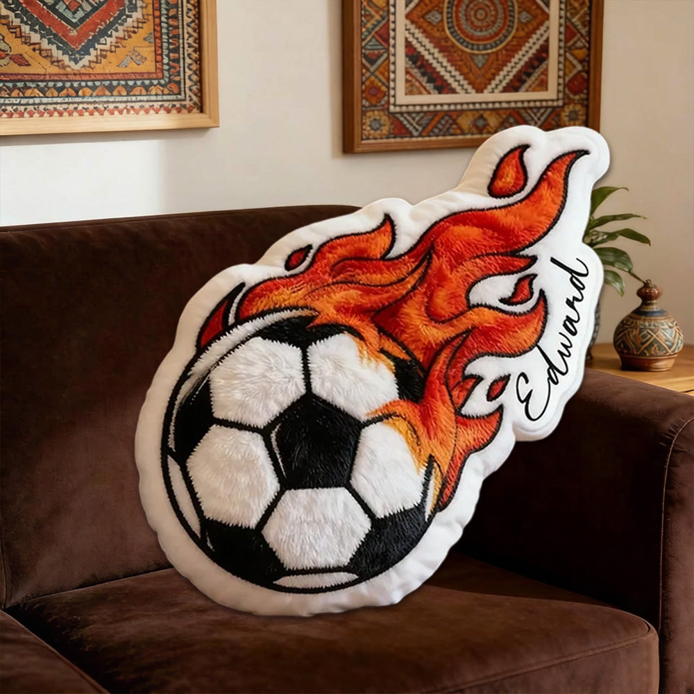 Personalized Soccer Ball Throw Pillow – Fiery Design with Custom Name