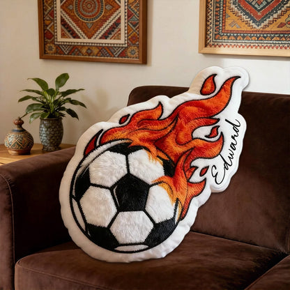 Personalized Soccer Ball Throw Pillow – Fiery Design with Custom Name