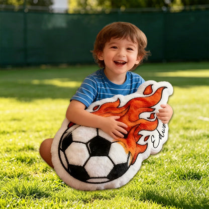 Personalized Soccer Ball Throw Pillow – Fiery Design with Custom Name