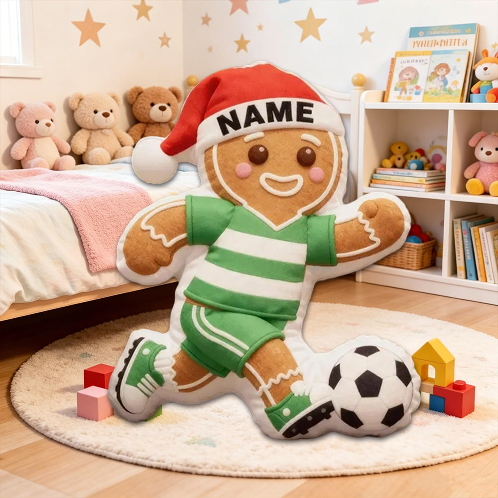 Personalized Gingerbread Soccer Player Pillow with Custom Name and Festive Design