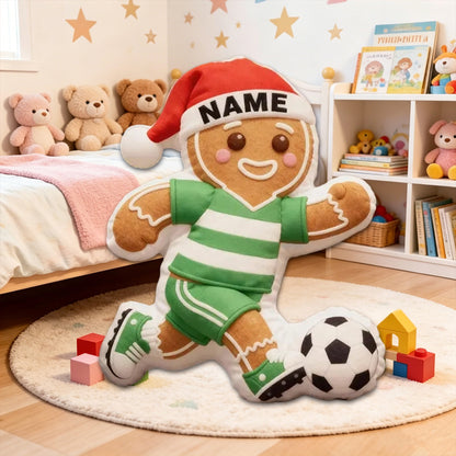 Personalized Gingerbread Soccer Player Pillow with Custom Name and Festive Design