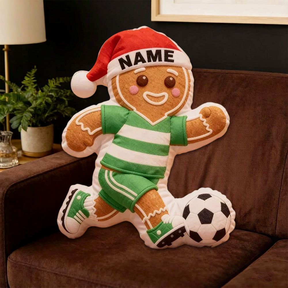 Personalized Gingerbread Soccer Player Pillow with Custom Name and Festive Design