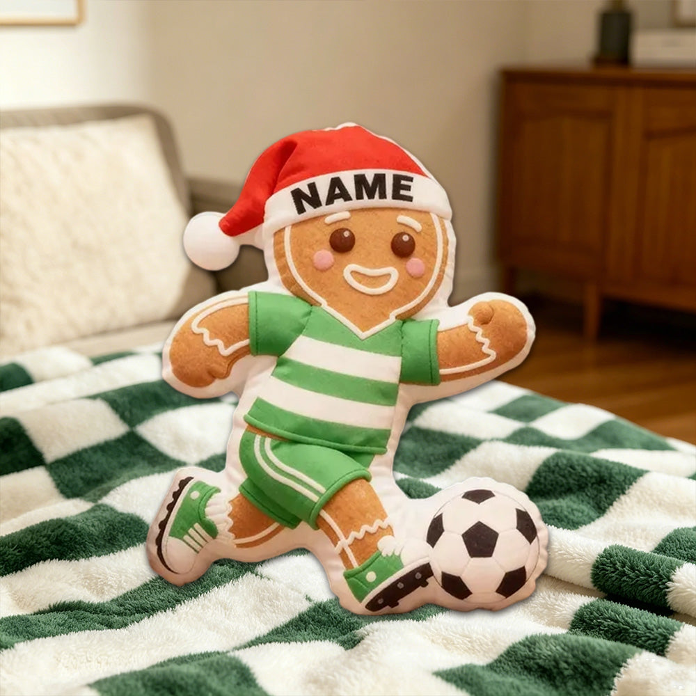 Personalized Gingerbread Soccer Player Pillow with Custom Name and Festive Design