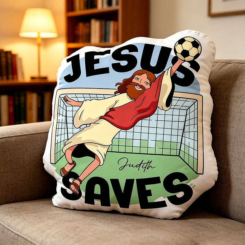Personalized Jesus Saves Soccer Goalie Pillow with Name – Christian Humor Cushion, Religious Gift for Soccer Players, Fans, and Believers