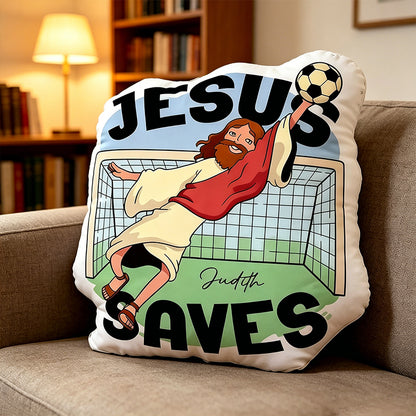 Personalized Jesus Saves Soccer Goalie Pillow with Name – Christian Humor Cushion, Religious Gift for Soccer Players, Fans, and Believers