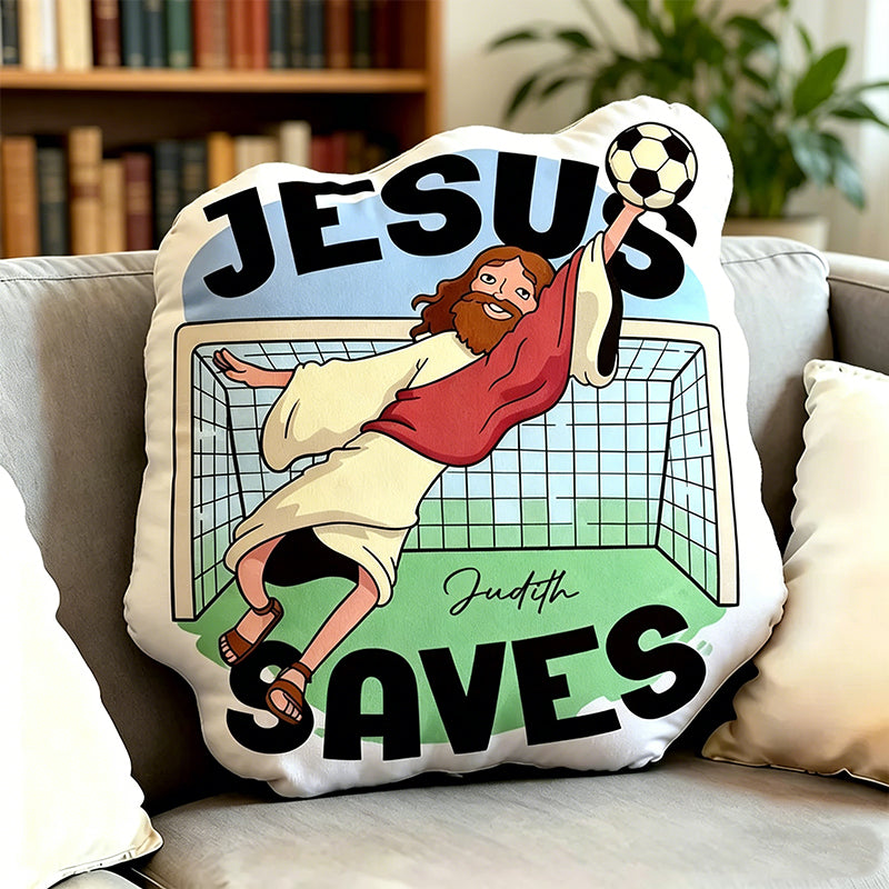Personalized Jesus Saves Soccer Goalie Pillow with Name – Christian Humor Cushion, Religious Gift for Soccer Players, Fans, and Believers