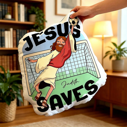 Personalized Jesus Saves Soccer Goalie Pillow with Name – Christian Humor Cushion, Religious Gift for Soccer Players, Fans, and Believers