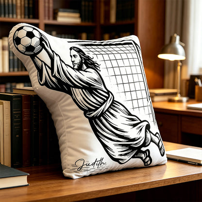 Personalized Jesus Saves Soccer Goalie Pillow – Custom Name Christian Home Decor Gift